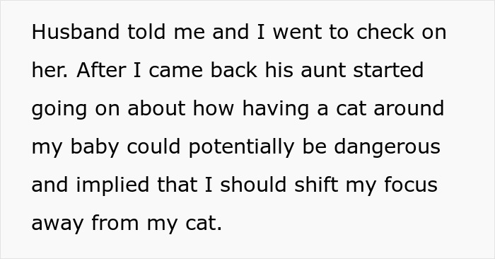 Text about aunt-in-law advising new mom to prioritize baby over cat for safety reasons. Text about aunt-in-law advising new mom to prioritize baby over cat for safety reasons.