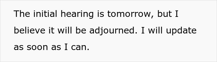 Text discussing the initial court hearing regarding a tenant's legal situation with a landlord. Text discussing the initial court hearing regarding a tenant's legal situation with a landlord.