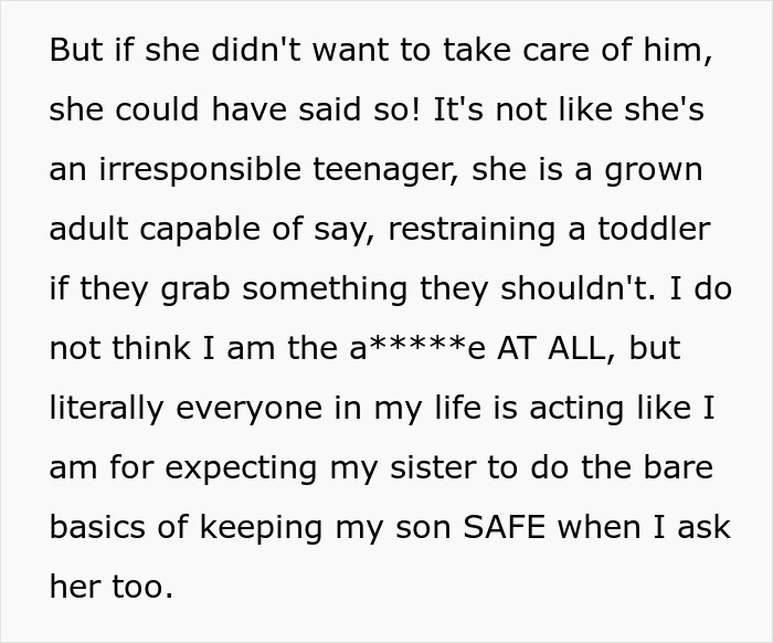 Text expressing frustration over a sister's childcare responsibilities in preventing a toddler concussion. Text expressing frustration over a sister's childcare responsibilities in preventing a toddler concussion.