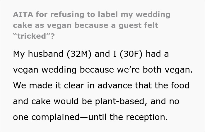Text about vegan wedding cake guest disagreement over labeling. Text about vegan wedding cake guest disagreement over labeling.