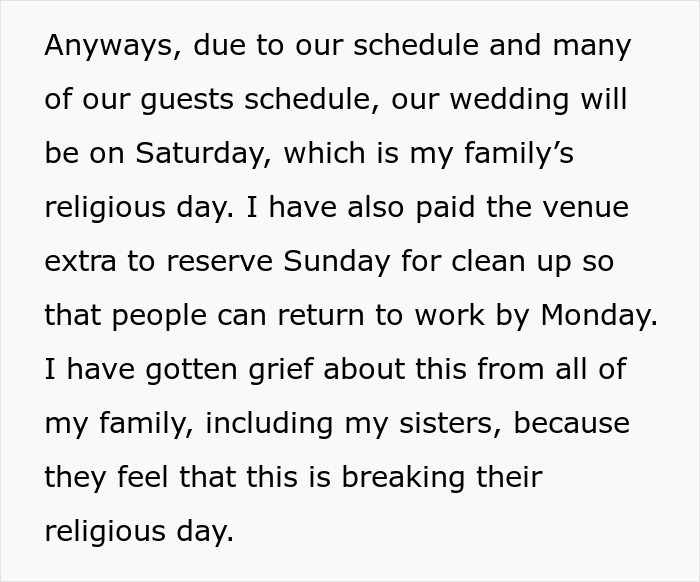 Text discussing family's concern over religious day and wedding scheduling. Keywords: attempt bribe, wedding date change. Text discussing family's concern over religious day and wedding scheduling. Keywords: attempt bribe, wedding date change.