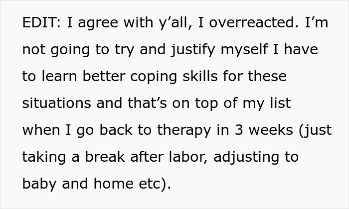 Text about a new mom acknowledging her overreaction and planning to focus on learning better coping skills. Text about a new mom acknowledging her overreaction and planning to focus on learning better coping skills.