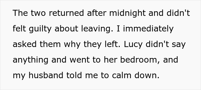 Text screenshot discussing stepdaughter's late return after leaving $10K party. Text screenshot discussing stepdaughter's late return after leaving $10K party.