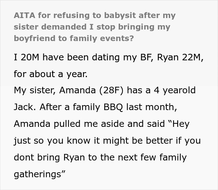 Text image about babysitting conflict due to sister's demand regarding boyfriend at family events. Text image about babysitting conflict due to sister's demand regarding boyfriend at family events.