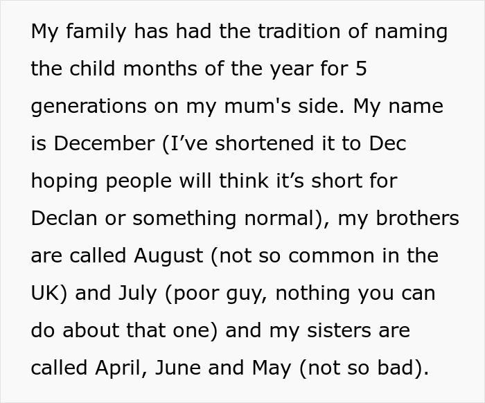 Text about breaking family tradition by naming children after months, like December, August, and July. Text about breaking family tradition by naming children after months, like December, August, and July.
