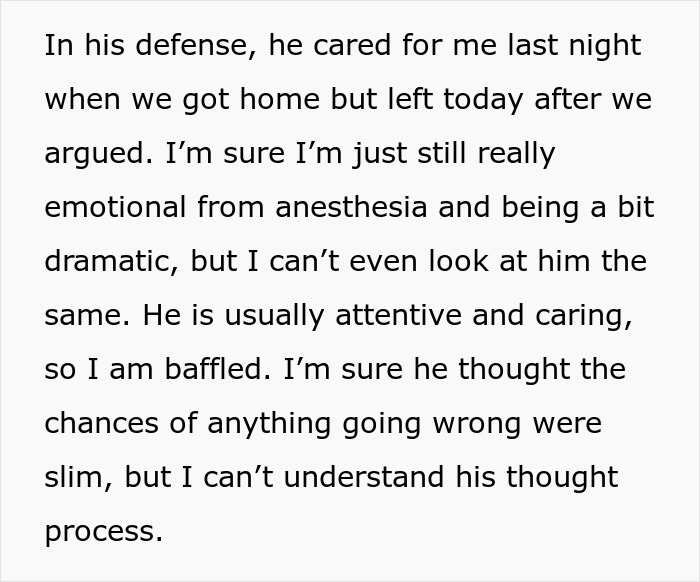 Text describing a husband's defensiveness after leaving his wife during surgery. Text describing a husband's defensiveness after leaving his wife during surgery.