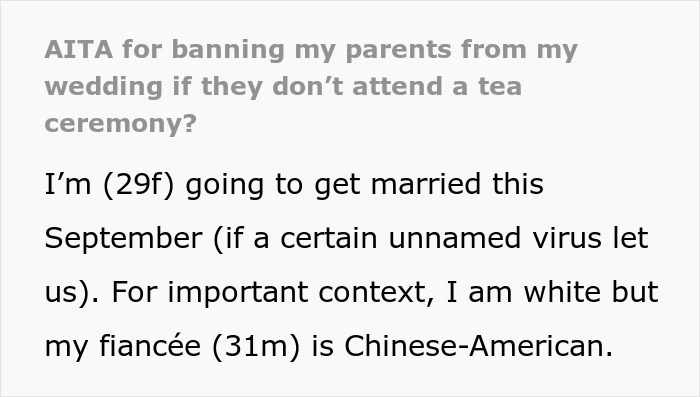 Bride discusses wedding plans highlighting cultural traditions and parental conflict over fiancé's customs. Bride discusses wedding plans highlighting cultural traditions and parental conflict over fiancé's customs.