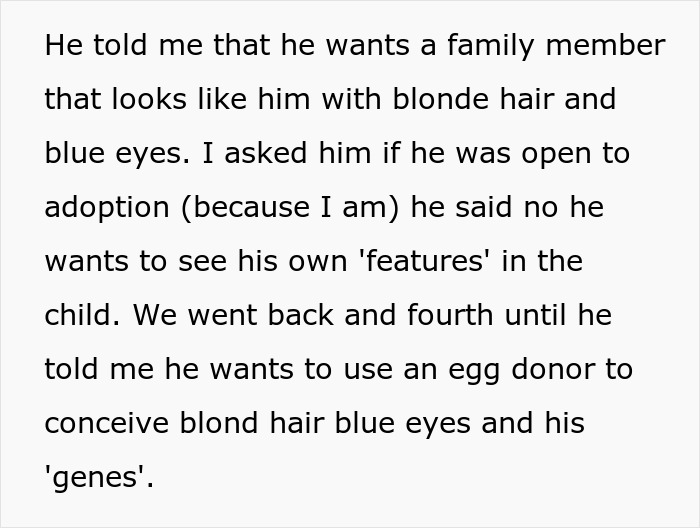 Text describing a man's desire for a child with his physical traits, highlighting a preference for blonde hair and blue eyes. Text describing a man's desire for a child with his physical traits, highlighting a preference for blonde hair and blue eyes.