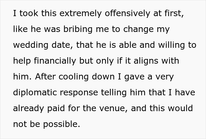 Text discussing a perceived attempt to bribe a bride into changing her wedding date, leading to a diplomatic response. Text discussing a perceived attempt to bribe a bride into changing her wedding date, leading to a diplomatic response.
