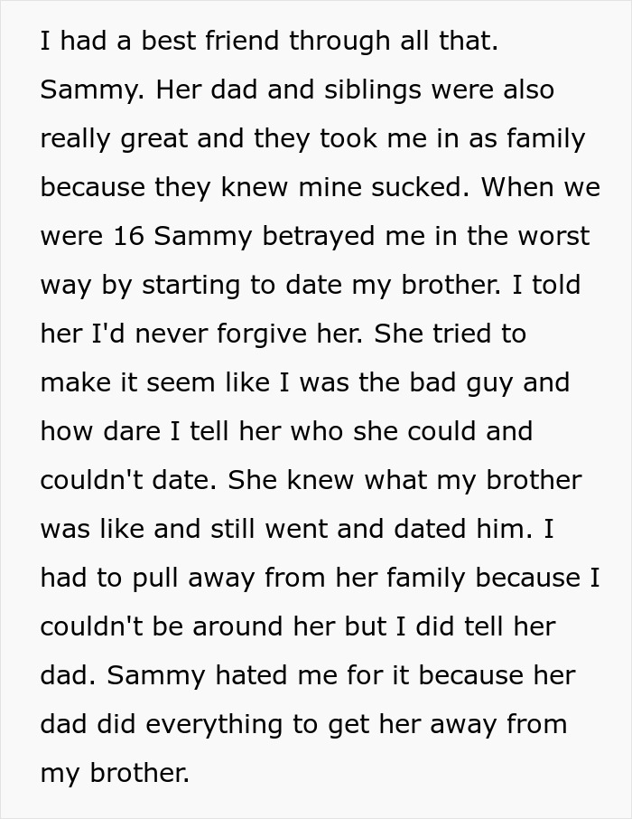 Screenshot of a text about friendship betrayal involving an ex-friend and a brother. Screenshot of a text about friendship betrayal involving an ex-friend and a brother.