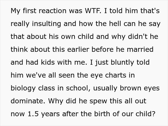 Text excerpt expressing shock over a husband's comments about their child's features. Text excerpt expressing shock over a husband's comments about their child's features.