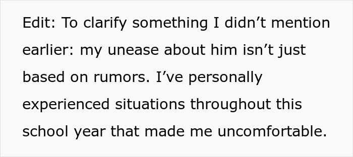 Text discussing personal unease with an individual, unrelated to rumors, over the school year. Text discussing personal unease with an individual, unrelated to rumors, over the school year.