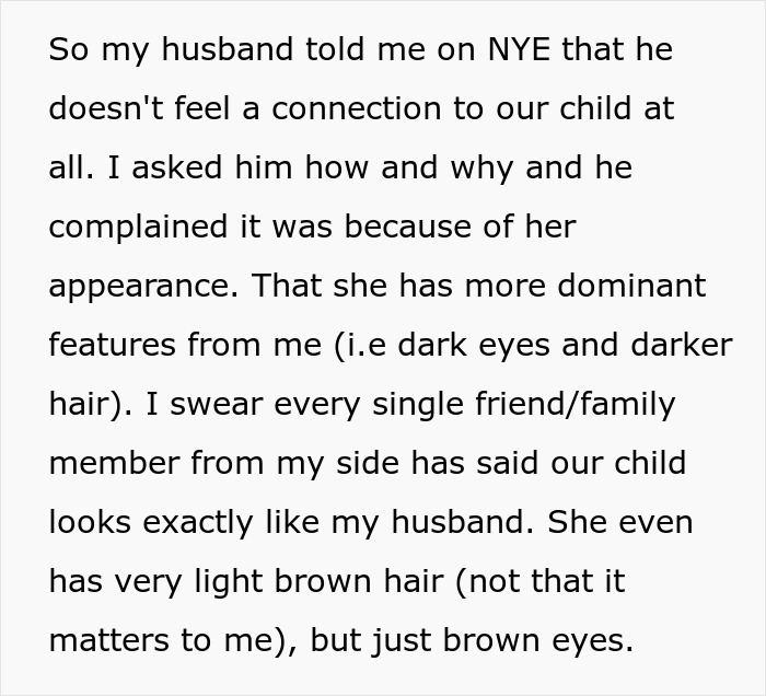 Text discussing a husband's feelings on connecting with his child due to her Asian features. Text discussing a husband's feelings on connecting with his child due to her Asian features.