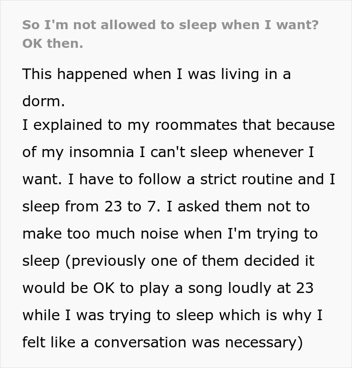 Text about a woman dealing with insomnia and loud roommates, leading to a situation of malicious compliance. Text about a woman dealing with insomnia and loud roommates, leading to a situation of malicious compliance.