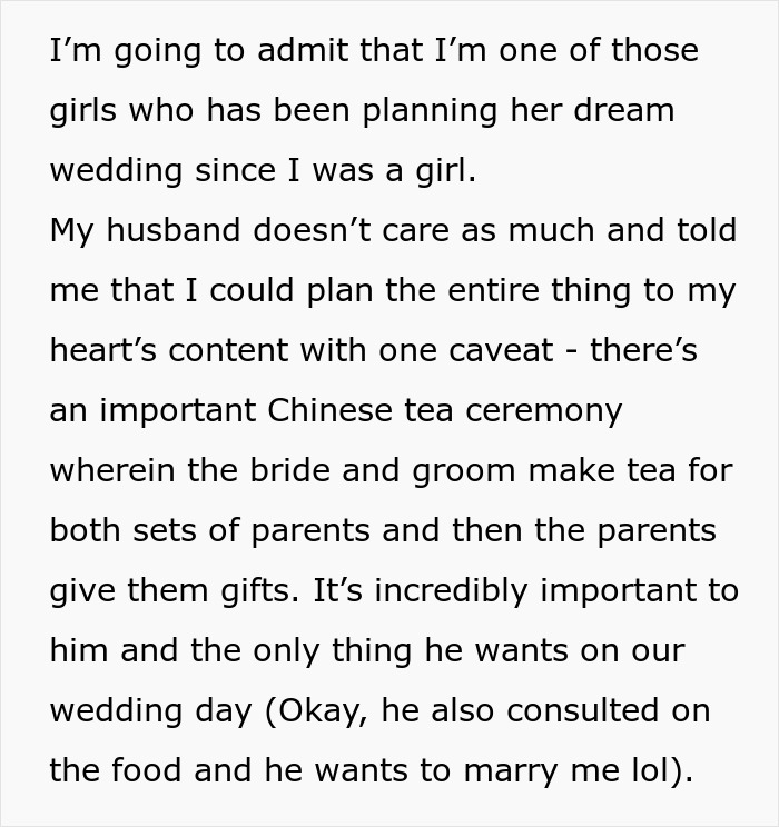 Text discussing a bride planning her wedding with a Chinese tea ceremony tradition. Text discussing a bride planning her wedding with a Chinese tea ceremony tradition.