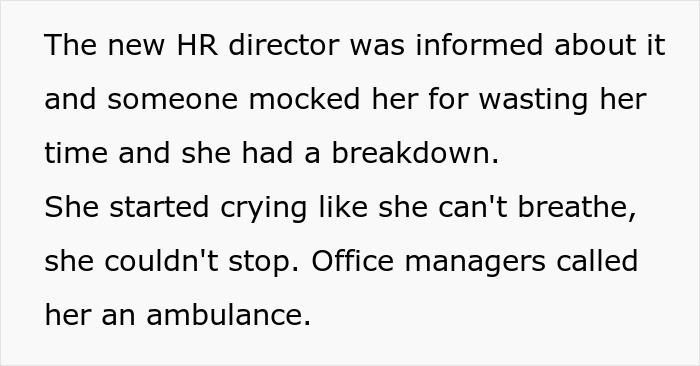 Text description of a mental breakdown experienced by an HR director due to mockery and stress at work. Text description of a mental breakdown experienced by an HR director due to mockery and stress at work.
