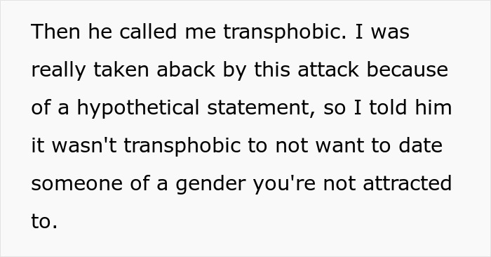 Text from a conversation about refusing to date a trans boyfriend. Text from a conversation about refusing to date a trans boyfriend.