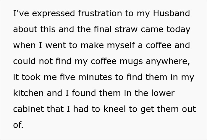 Text expressing frustration with MIL's actions, impacting kitchen organization. Text expressing frustration with MIL's actions, impacting kitchen organization.