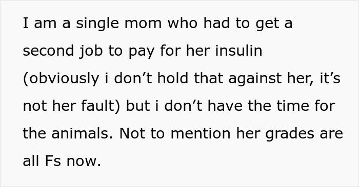 Text from single mom about daughter's disease and chores, highlighting financial and academic struggles. Text from single mom about daughter's disease and chores, highlighting financial and academic struggles.