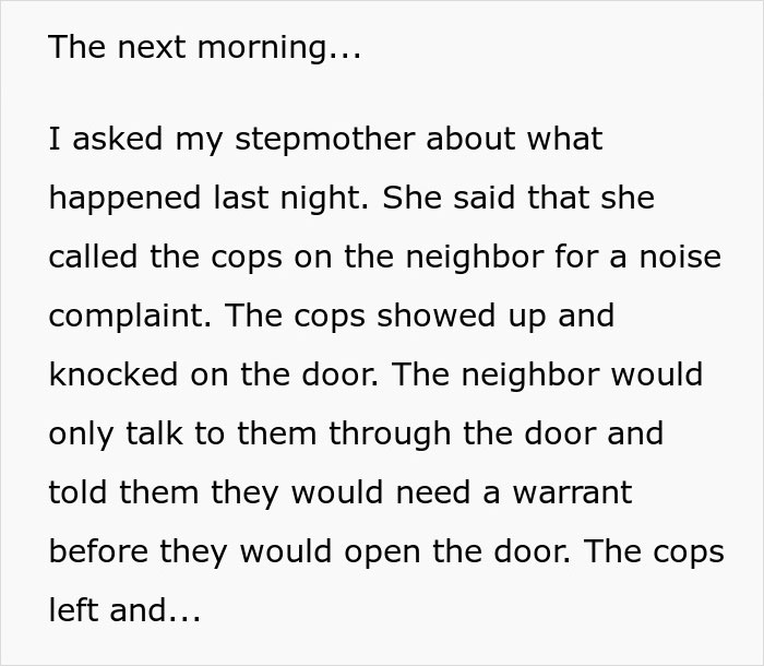 Text describing a noise complaint sequence involving police and a neighbor confrontation. Text describing a noise complaint sequence involving police and a neighbor confrontation.