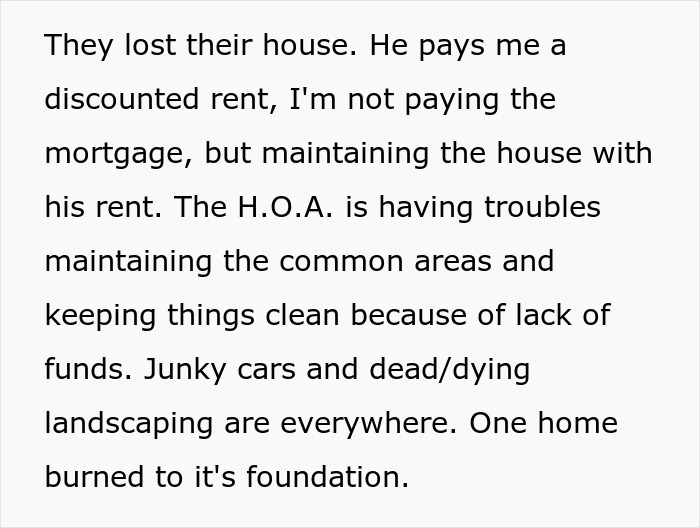 Text about HOA struggling with funds due to junk cars and dying landscaping, affecting community upkeep. Text about HOA struggling with funds due to junk cars and dying landscaping, affecting community upkeep.