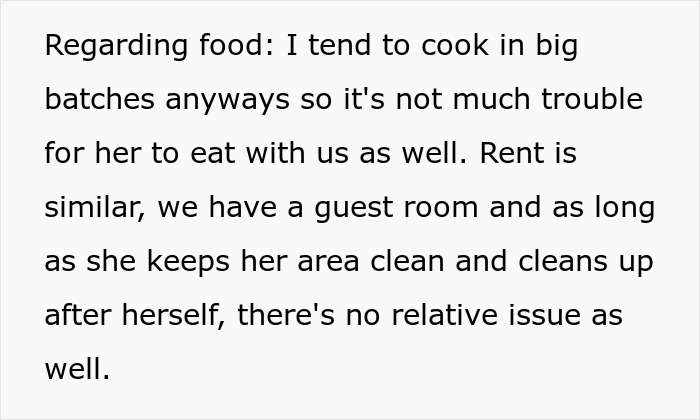 Text about cooking in batches and rent stability for a family member. Text about cooking in batches and rent stability for a family member.