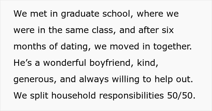 Text describing a couple's relationship from graduate school to moving in together. Text describing a couple's relationship from graduate school to moving in together.