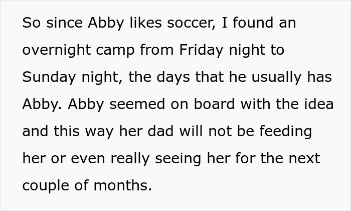 Text about scheduling Abby’s weekend soccer camp to limit dad’s influence and junk food intake. Text about scheduling Abby’s weekend soccer camp to limit dad’s influence and junk food intake.