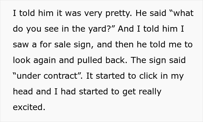Text describing a fiance surprise house prank with a yard's "under contract" sign, revealing excitement. Text describing a fiance surprise house prank with a yard's "under contract" sign, revealing excitement.
