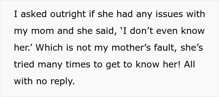 Text expressing a mother-in-law's response about not knowing someone's mom, related to a Christmas request. Text expressing a mother-in-law's response about not knowing someone's mom, related to a Christmas request.