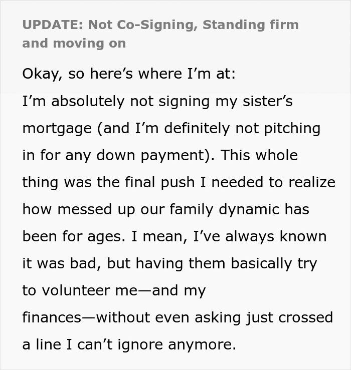 Text about a woman protecting finances by not co-signing sister's mortgage. Text about a woman protecting finances by not co-signing sister's mortgage.