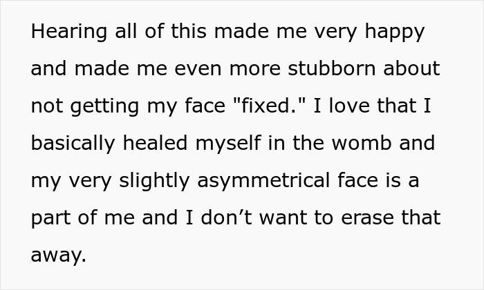 Text discussing self-healing from a rare birth defect and embracing facial asymmetry. Text discussing self-healing from a rare birth defect and embracing facial asymmetry.