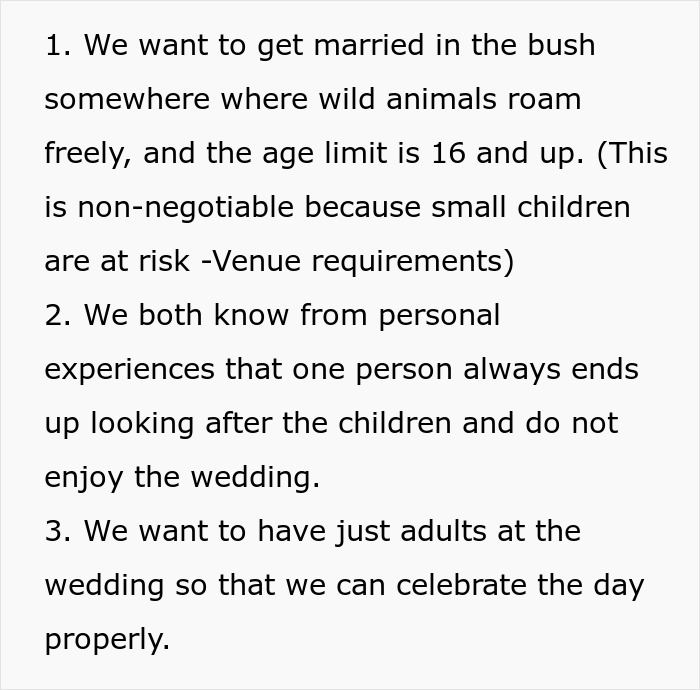 Text outlining wedding venue requirements with no children allowed, highlighting safety and enjoyment concerns. Text outlining wedding venue requirements with no children allowed, highlighting safety and enjoyment concerns.