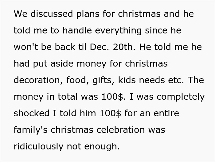 Text highlighting a man's plan for wife to organize Christmas with $100; she argues it's insufficient. Text highlighting a man's plan for wife to organize Christmas with $100; she argues it's insufficient.