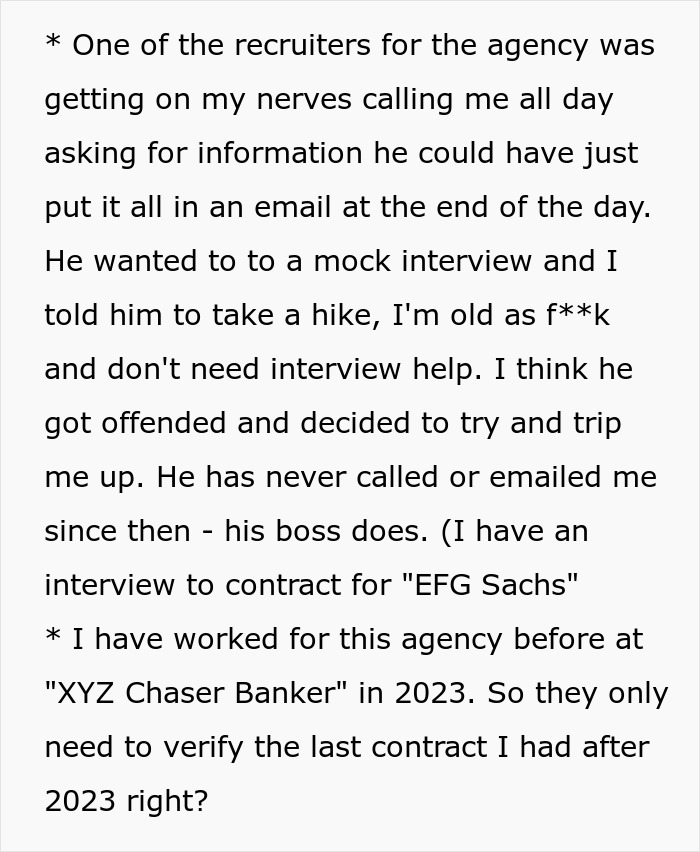 Text discussing a background check exposing an applicant's lies about past employment details. Text discussing a background check exposing an applicant's lies about past employment details.
