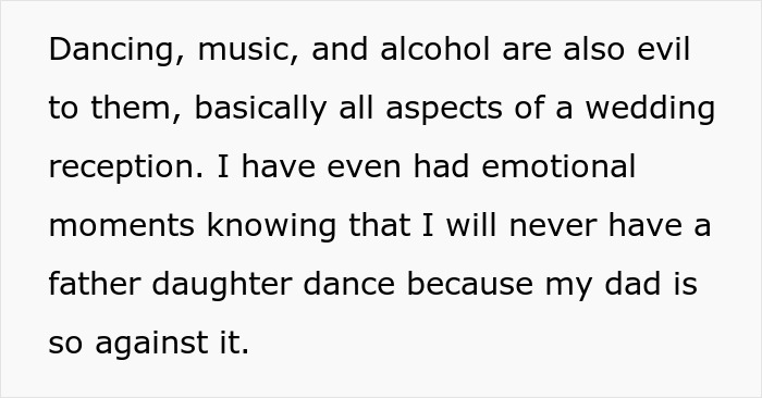 Text expressing disappointment over not having a father-daughter dance due to wedding reception objections. Text expressing disappointment over not having a father-daughter dance due to wedding reception objections.