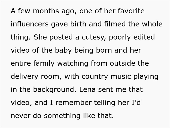 Text block discussing influencer's birth video shared with family outside delivery room, described as poorly edited and cutesy. Text block discussing influencer's birth video shared with family outside delivery room, described as poorly edited and cutesy.