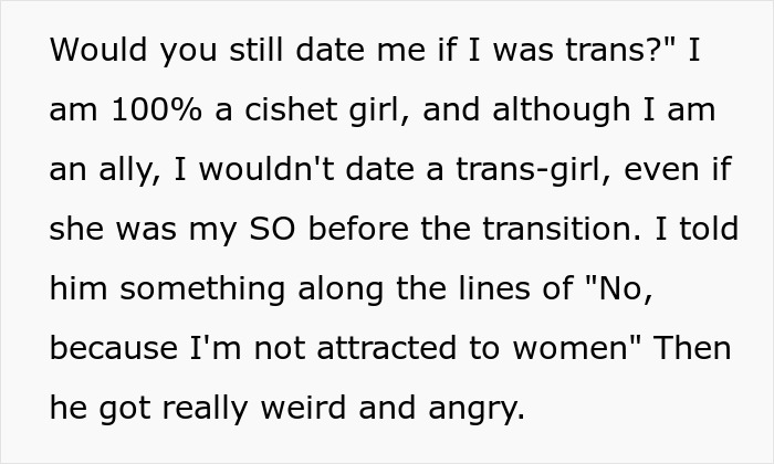 Text expressing a refusal to date a boyfriend if he were trans, mentioning personal attraction preferences. Text expressing a refusal to date a boyfriend if he were trans, mentioning personal attraction preferences.