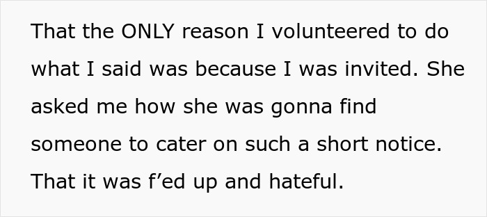 Text screenshot discussing being uninvited from a baby shower and a catering dilemma. Text screenshot discussing being uninvited from a baby shower and a catering dilemma.