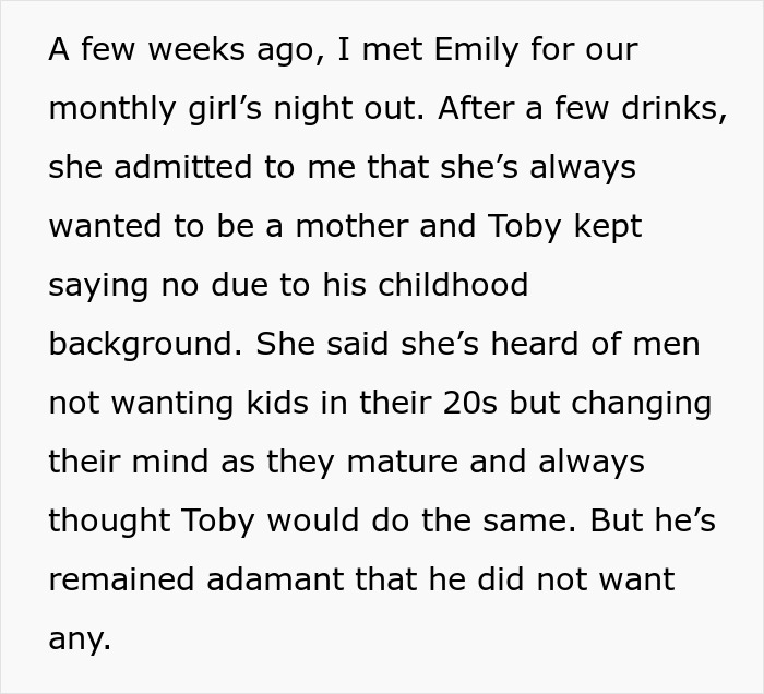 Text describing a conversation about wanting children and a husband's reluctance. Text describing a conversation about wanting children and a husband's reluctance.