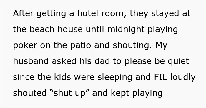 "Text describing in-laws causing drama during an unannounced vacation visit, with FIL shouting 'shut up' during poker. "Text describing in-laws causing drama during an unannounced vacation visit, with FIL shouting 'shut up' during poker.