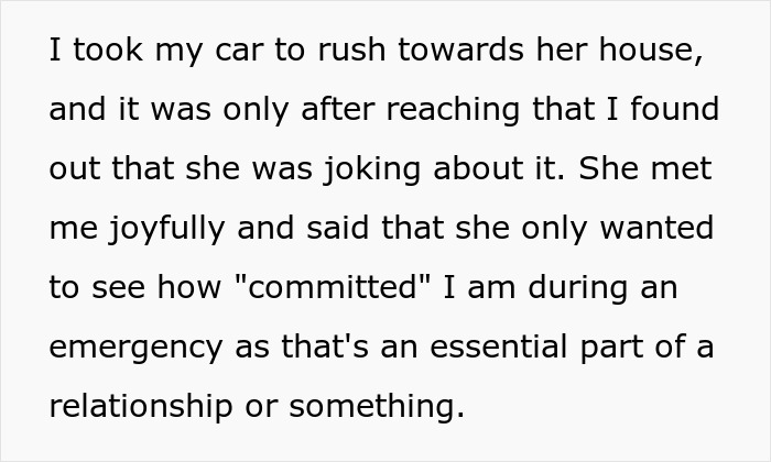 A text exchange about testing commitment in relationships, mentioning a rushed drive to a girlfriend's house. A text exchange about testing commitment in relationships, mentioning a rushed drive to a girlfriend's house.