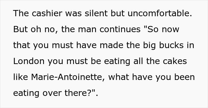 Text discussing discomfort relating to fat-shaming, mentioning Marie-Antoinette and eating habits in London. Text discussing discomfort relating to fat-shaming, mentioning Marie-Antoinette and eating habits in London.
