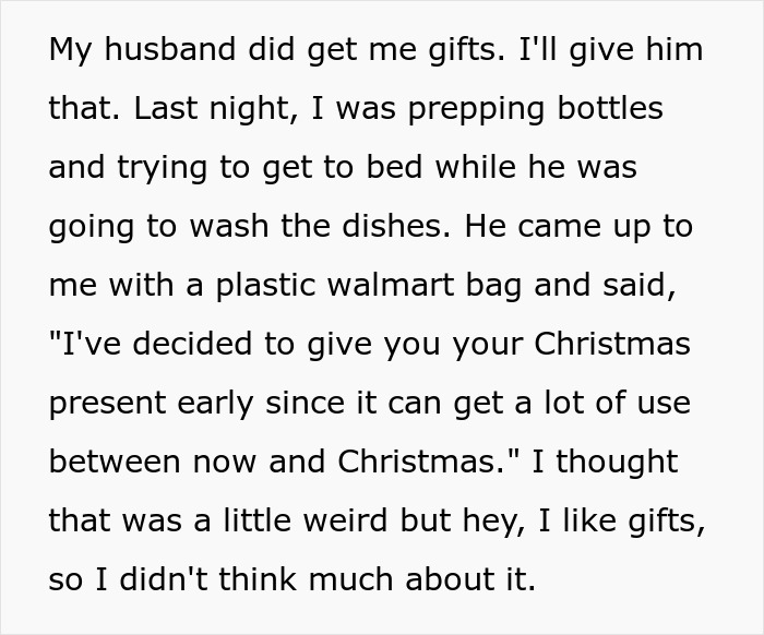 Text describes a husband giving his wife an early Christmas gift. Text describes a husband giving his wife an early Christmas gift.