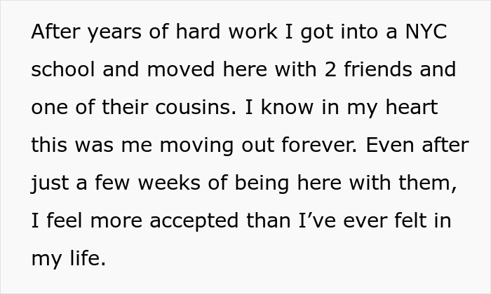 Text about moving to NYC for school, illustrating mom-relationship-drama and feelings of acceptance. Text about moving to NYC for school, illustrating mom-relationship-drama and feelings of acceptance.