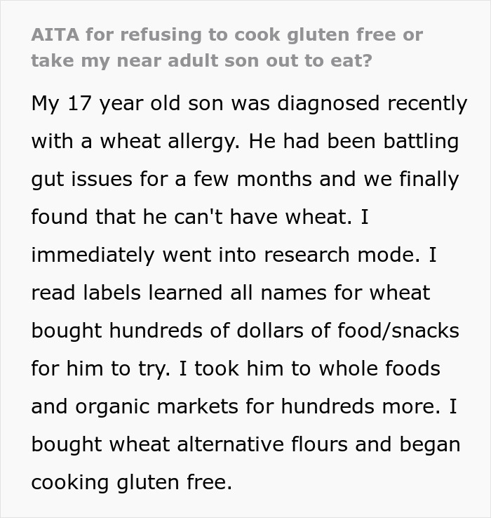 Mom researches gluten-free diet for son’s wheat allergy, buys alternative flours and snacks to accommodate his needs. Mom researches gluten-free diet for son’s wheat allergy, buys alternative flours and snacks to accommodate his needs.