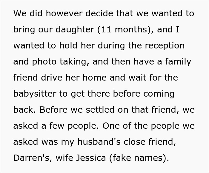 Text about bringing a baby to a child-free wedding, detailing plans for childcare during the event. Text about bringing a baby to a child-free wedding, detailing plans for childcare during the event.