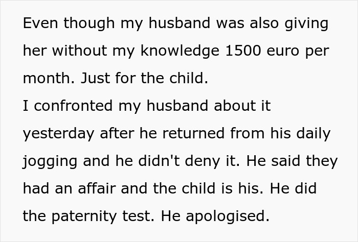 Text reveals a husband admitting to an affair with a neighbor's daughter, leading to a secret child and paternity revelation. Text reveals a husband admitting to an affair with a neighbor's daughter, leading to a secret child and paternity revelation.