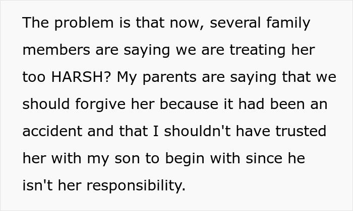 Text discussing family disagreement over forgiving sister after toddler's concussion accident. Text discussing family disagreement over forgiving sister after toddler's concussion accident.