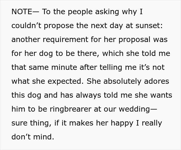 Text discussing proposal requirements, dog as ring bearer, and regret about not meeting expectations. Text discussing proposal requirements, dog as ring bearer, and regret about not meeting expectations.